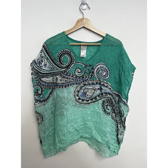 Chicos Women’s 100% Linen Poncho Blouse Cover Up Top Boho Beach S M Paisley - Picture 10 of 11